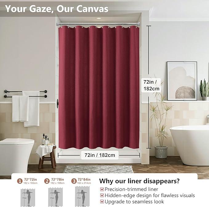 Luxury 3 in 1 Shower Curtain Set 3D Textured Waffle Weave Bathroom Curtain with Waterproof SGS Certified Fabric Liner & 12 Anti-Fall Stainless Steel Hooks, Machine Washable 72"x72" (Burgundy) - ModernBath