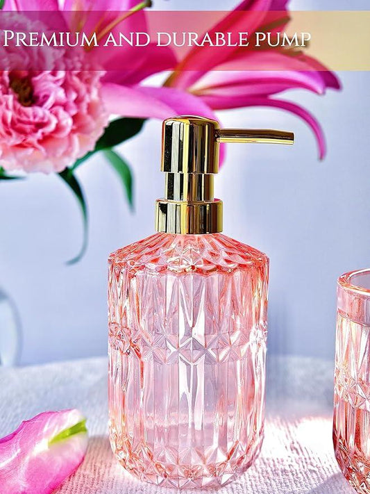 LaMarriti 5pcs Clear Glass Bathroom Accessories Set, Crystal Pink Bathroom Decor Set, Soap Dispenser, Toothbrush Holder Set, Soap Dish, Tumbler, Qtips Holder, Modern Decor for Bathroom, Gift Set - ModernBath