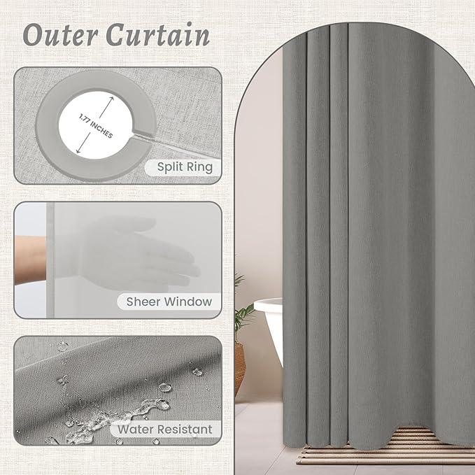 WONICY No Hook Gray Shower Curtain, Linen-Look Polyester Textured Shower Curtain with Snap in Liner, Waterproof & Washable Bath Curtains for Bathroom, 71Wx74H - ModernBath