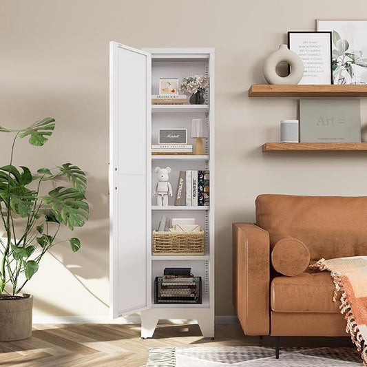 COFaR Tall Bathroom Storage Cabinet, Metal Farmhouse Narrow Slim Cabinet with Adjustable Shelves Barn Door for Bathrooms, Kitchens, Entrances Living Room (White) - ModernBath