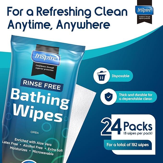 Body Wipes for adults bathing no rinse | Adult Wash Cloths Extra Large, Bathing Wipes for Incontinence, 8"x 8" In (192 count Bulk Pack) | By Inspire - ModernBath