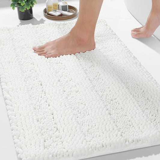 Yimobra Bathroom Rug Mat, Non Slip and Super Absorbent Bath Mat, Machine Washable Quick Dry, Ultra Plush Chenille Shower Rugs for Bathroom Floor Sink Tub and Shower Outside, White, 24 x 17 - ModernBath