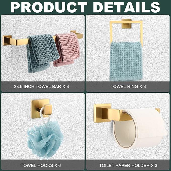Gisafai 15 Pcs Gold Bathroom Hardware Accessories Set 23.6 Inch Bath Towel Bar Kit Stainless Steel Bathroom Hardware Set Towel Racks Ring Robe Hooks Paper Holder for Wall Mounted - ModernBath