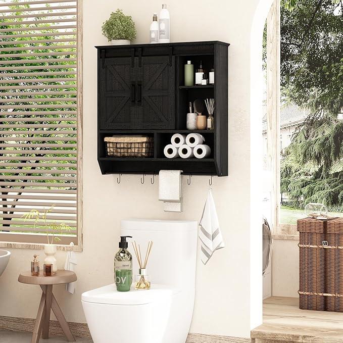 RUSTOWN Farmhouse Bathroom Wall Cabinet,3-Tier Rustic Wood Wall Mounted Cabinets,Vintage Medicine Cabinet with Sliding Barn Door and Adjustable Shelves,Over The Toilet Storage Cabinet (Black) - ModernBath