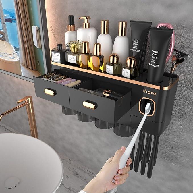 iHave Toothbrush Holders Wall Mounted with Toothpaste Dispenser & 4 Cups - Luxury Black and Gold Design for Bathroom Decor, All-in-One Bathroom Organizers & Storage for Toothbrushes and Accessories - ModernBath