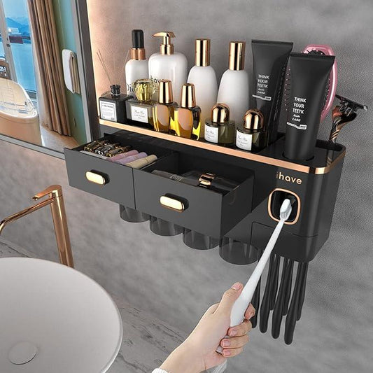 iHave Toothbrush Holders Wall Mounted with Toothpaste Dispenser & 4 Cups - Luxury Black and Gold Design for Bathroom Decor, All-in-One Bathroom Organizers & Storage for Toothbrushes and Accessories - ModernBath