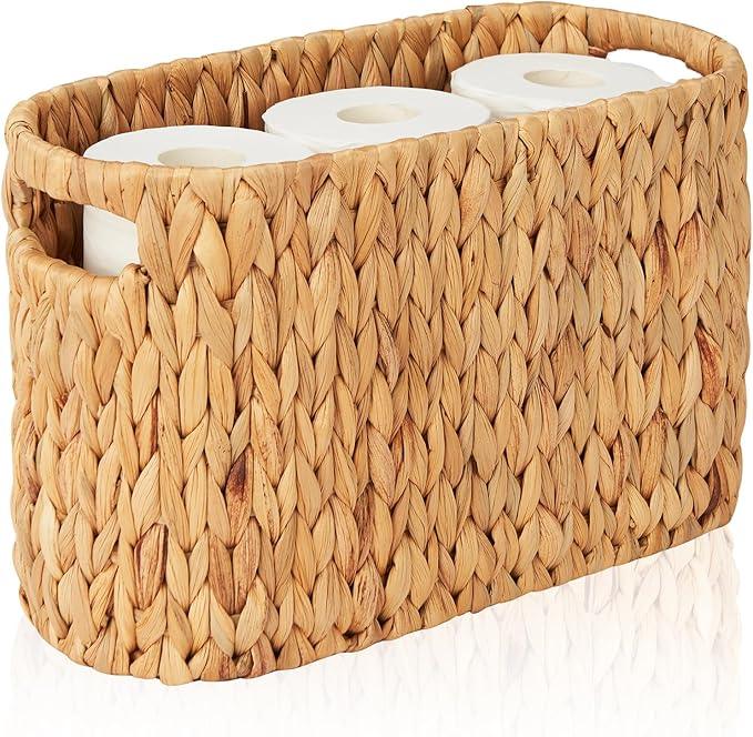 FairyHaus Wicker Toilet Paper Storage Basket with Buit-in Handles, 6 Rolls Natural Water Hyacinth Toilet Paper Holder Stand with Storage, Freestanding Handwoven Toilet Paper Holder Basket for Bathroom - ModernBath