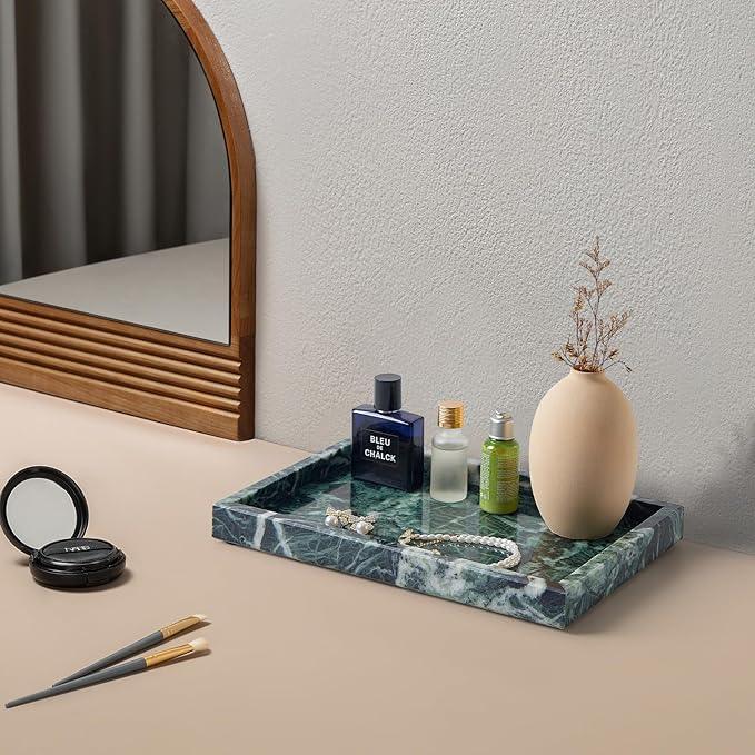 Zilukar Real Natural Marble Tray for Bathroom, Vanity, Kitchen and Desktop, Rectangle Genuine Marble Stone Tray for Jewelry, Cosmetics, Candles, Lotion, Perfume (Snowflake-Green, 12" x 8" x 1.2") - ModernBath