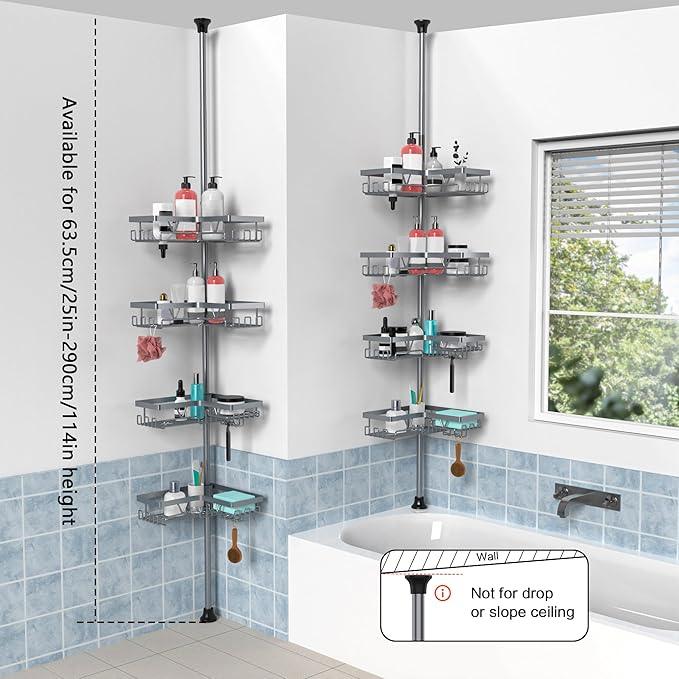 KEGII 4-Tier Corner Shower Caddy Tension Pole - Adjustable Shower Tension Rod Organizer, Floor to Ceiling Shower Caddy 25-114.2 inch, Shower Towel Rack Corner Waterproof, Light Gray - ModernBath