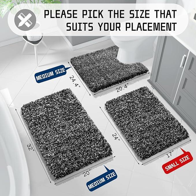 Yimobra Bathroom Rug Set 2 Piece, Soft Absorbent Microfiber Bath Mat Set, Non Slip Machine Washable Dry, Plush Shaggy Shower Rugs for Bathroom Floor, 32"x20"+24"x17", Black and White - ModernBath