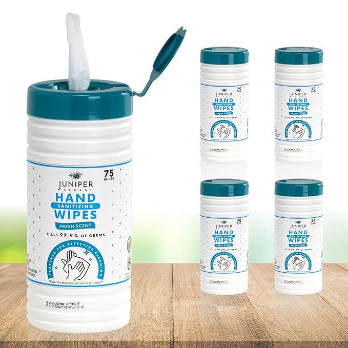 Juniper CLEAN, 4 Pack Hand Sanitizing Wipes, 300 Count Canister Disposable Hand Sanitizer Wipes, Fresh Scent, Lint Free & Durable - ModernBath