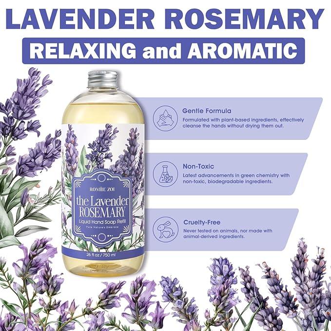 ROMIIE ZOI Liquid Hand Soap Refill Gift Set-3 Pack, Cruelty-Free and Biodegradable Formula, Moisturizing Hand Wash with Essential Oil for Sensitive Skin,Lavender Rosemary Scent,(26 Fl Oz x 3) - ModernBath