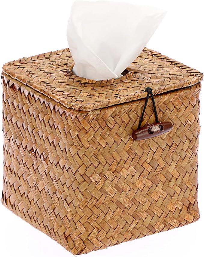 Sumnacon Tissue Box Cover Square Seagrass Tissue Box with Lid, Woven Tissue Box Holder Rustic Cube Tissue Cover for Bathroom Toilet Bedroom Living Room Kitchen Table Desk Office Car, Caramel - ModernBath