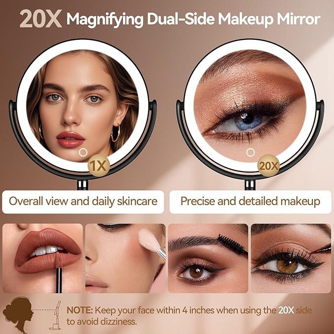 Shinowa Makeup Mirror with Lights, 1X/20X Lighted Magnifying Mirror with Storage for Makeup & Jewelry, 2-Sided Height Adjustable Vanity Mirror with 3 Color Lights, 360° Rotation & Rechargeable, Black - ModernBath