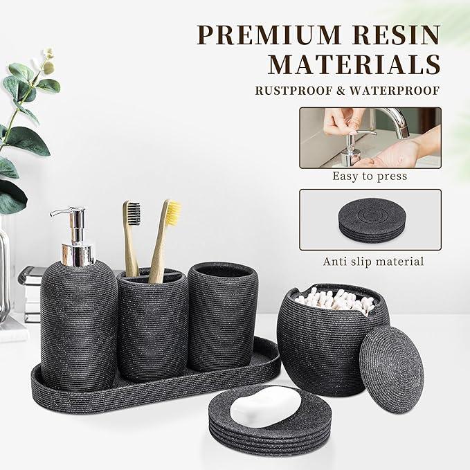 Resin Bathroom Accessory Set - 6PCS Bathroom Accessories Set, Bath Vanity Countertop Accessories with Soap Dish, Lotion Dispenser, Toothbrush Holder, Toothbrush Cup, Vantiy Tray, Qtip Holder (Black) - ModernBath