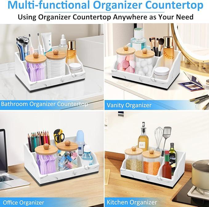 Bathroom Counter Organizer, White Marble Toothbrush Holders for Bathrooms with 2PCS Qtip Holder, Bathroom Organizer Countertop Toothbrush and Toothpaste Holder for Makeup Organizer for Vanity - ModernBath