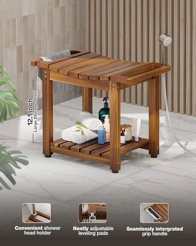 BLUEWEST Shower Bench Seat with Storage Shelf, Natural Wood Shower Benches for Inside Shower to Sit on, Waterproof Bathroom Spa Bench Stool for Legs Shaving with Built-in Handle & Shower Head Holder - ModernBath
