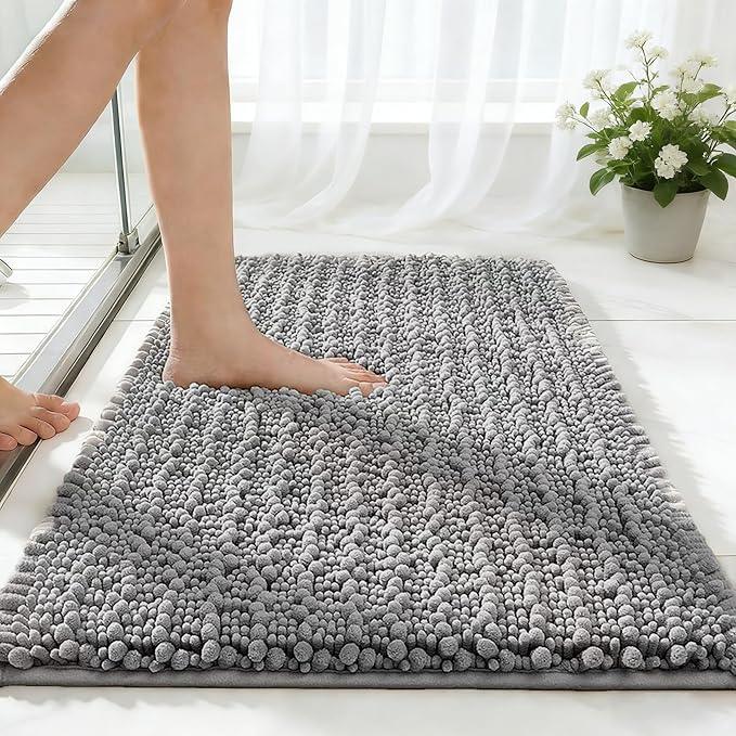 ILANGO Bathroom Rugs Light Grey 24x17,Extra Soft Absorbent Chenille Bath Rugs,Thick Non-Slip Shaggy Bath Mat,Machine Washable Quick Dry Bath Mats for Bathroom Floor, Tub, Shower Accessories - ModernBath