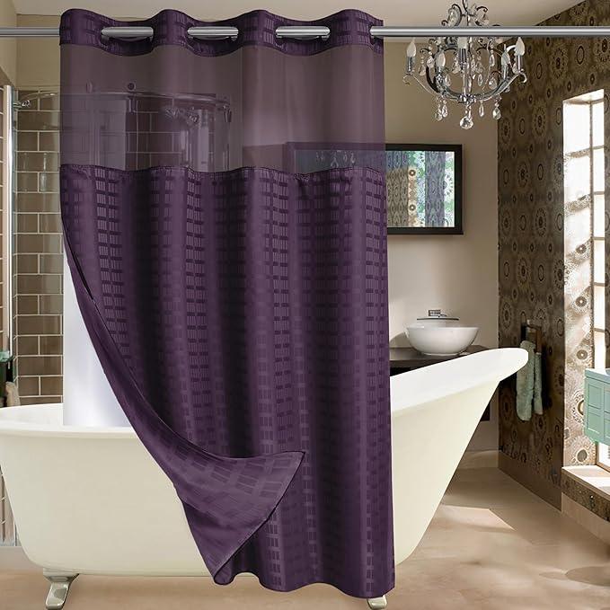 Conbo Mio Stall No Hook Shower Curtain with Snap in Liner Set, Hotel Luxury Purple Shower Curtains for Bathroom with See Through Top Window, Waterproof, Washable 54W x 74H - ModernBath