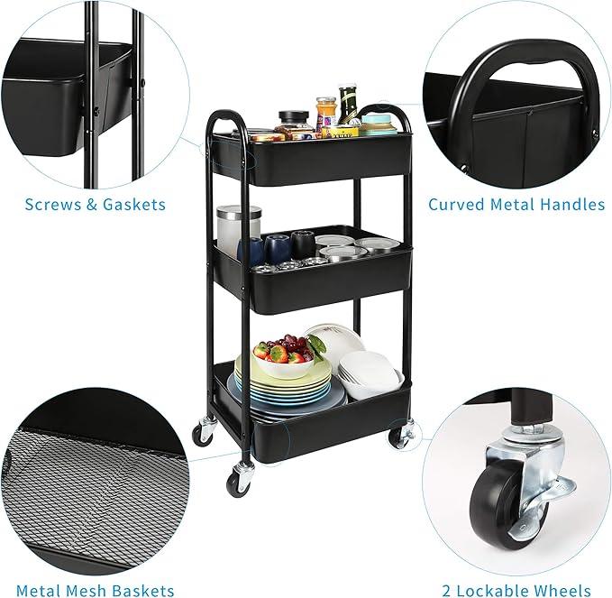 3-Tier Rolling Utility Cart with Caster Wheels,Easy Assembly, for Kitchen, Bathroom (Black) - ModernBath