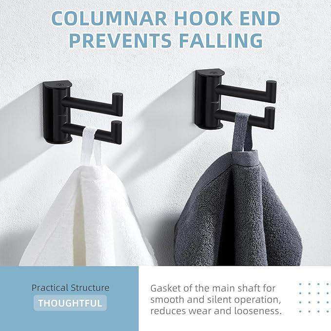 Angle Simple Swivel Towel Hook Matte Black 2 Pack, 304 Stainless Steel Double Robe Hook for Bathroom - ModernBath