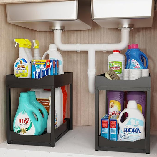 noxetu 2-Tier Bathroom Organizers and Storage, Metal Under Sink Organizers,Pull Out Cabinet Organizer Shelf, Sliding Drawer for Kitchen Pantry Cabinet Closet Organization Rack (Black, 2 Pack)