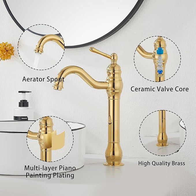 GGStudy 360 Swivel Single-Handle One Hole Bathroom Vessel Sink Faucet Matching Pop Up Drain Polished Gold Farmhouse Vanity Faucet - ModernBath