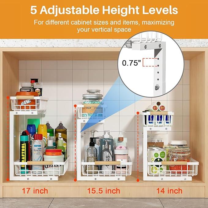 REALINN Under Sink Organizer, Height Adjustable Under Sink Organizers and Storage, 2 Tier Pull Out Drawer Cabinet Storage for Kitchen Bathroom, 2 Pack, White - ModernBath