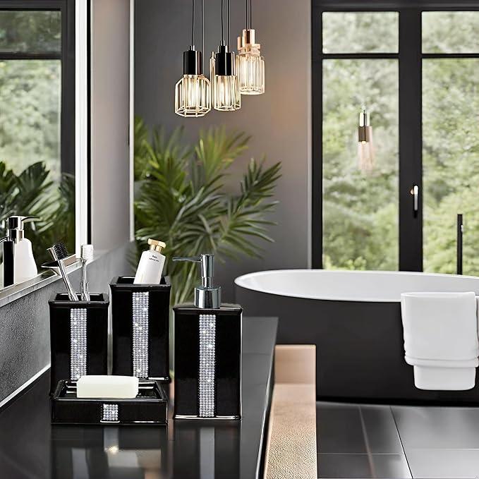 CAAHANJIA Bath Accessories Sets for Bathroom,Black Bathroom soap Dispenser Set,Ceramic Liquid Dispenser Pump, 2 Tumbler Cup,Soap Dish-Bathroom Home Decor Clearance (12 Ounce Black) - ModernBath