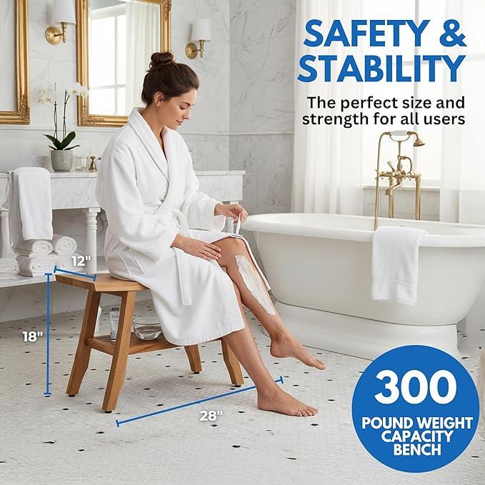 EcoDecors 28" Satori Teak Shower Bench –Bath Seat, Natural Wood Finish Water-Resistant Spa Bench | Slatted Design & Adjustable Feet for Indoor Outdoor Use | Sturdy & Safe - ModernBath