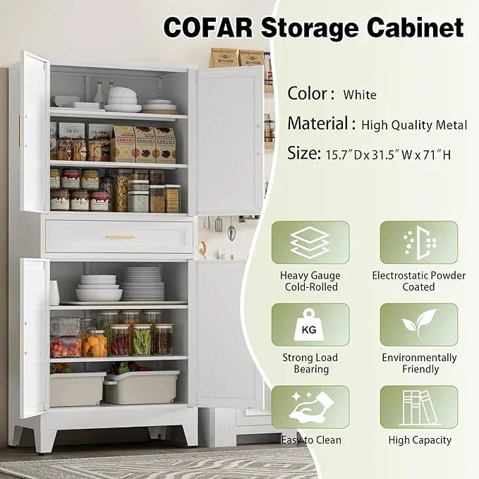 COFaR 71" Tall Kitchen Pantry, Farmhouse Storage Cabinet with Doors and Shelves, Metal Cabinet with Drawers and Legs, for Cupboard/Dining Room/Bathroom/Living Room/Office/Laundry Room (White). - ModernBath