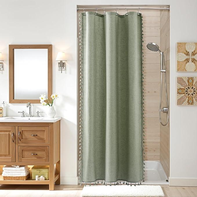 Nanspring Stall Sage Green Boho Linen Shower Curtain 36 Inch Textured Farmhouse Fabric Tassel Shower Curtain Set with Hooks Vintage Rustic Small Bath Curtains for RV Camper Bathroom 36x72, Green - ModernBath