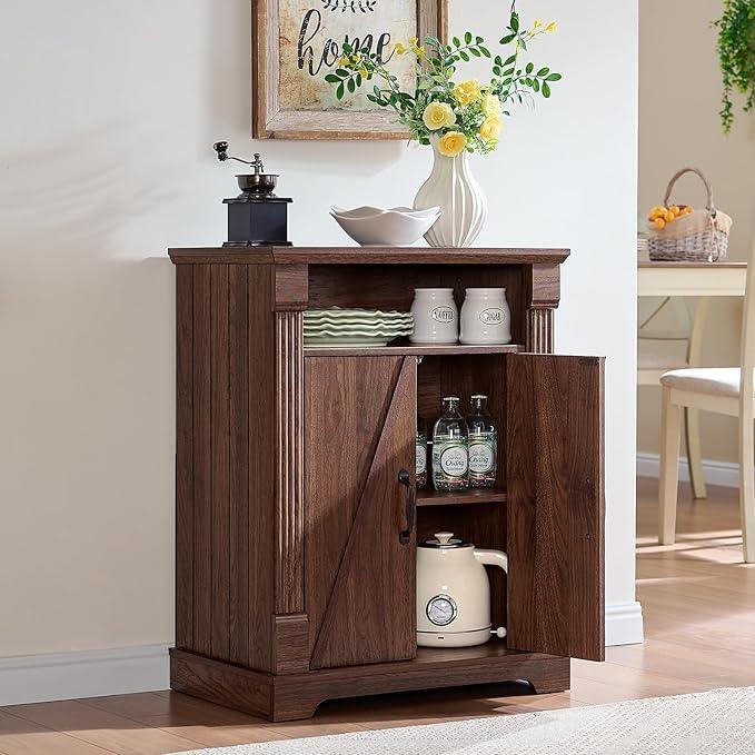 24" Farmhouse Storage Cabinet – Walnut Freestanding Buffet Sideboard with Barn Doors, Adjustable Shelf, Small Coffee Bar for Kitchen, Bathroom & Living Room - ModernBath