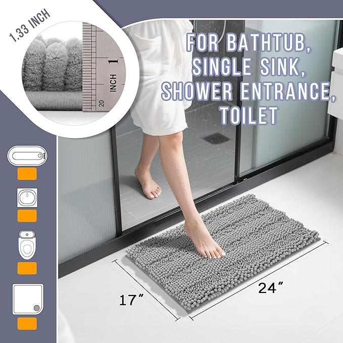 Yimobra Bathroom Rug Mat, Non Slip and Super Absorbent Bath Mat, Machine Washable Quick Dry, Ultra Plush Chenille Shower Rugs for Bathroom Floor Sink Tub and Shower Outside, Gray, 24 x 17 - ModernBath