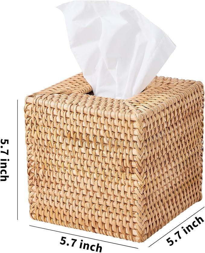 Hand-Woven Rattan Tissue Box Cover, Square Wicker Tissue Holder, Natural Woven Facial Napkin Holder - ModernBath
