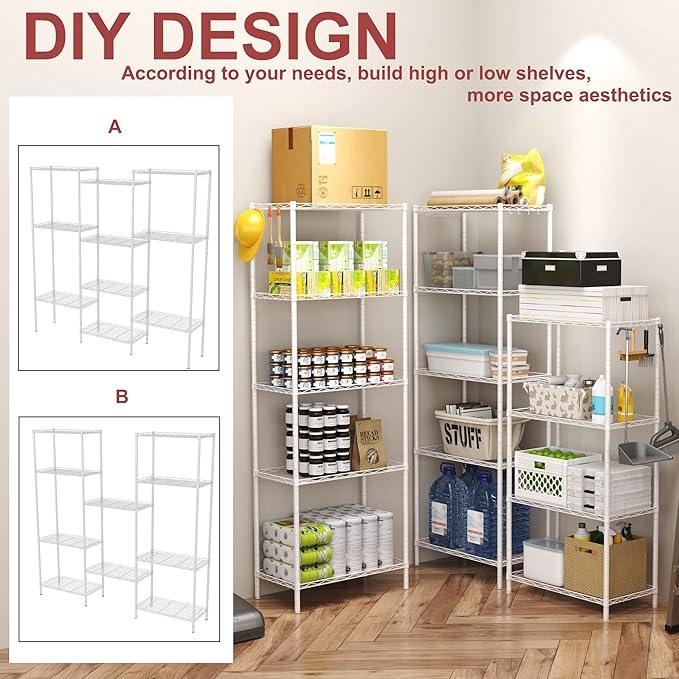 HOMEFORT 5-Shelving Unit, Adjustable Wire Shelving, Metal Wire Shelf Rack Organizer for Kitchen, Pantry, Closet, Bathroom, Laundry, White,21" W x 11" D x 53" H - ModernBath