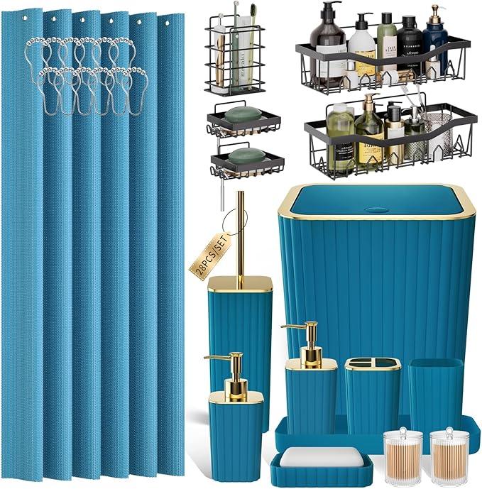 XLHOMO 28PC Bathroom Accessories Set - Gorgeous Teal Bathroom Set with Shower Caddy and Shower Curtain, Bathroom Accessory Set, Soap Dish & Trash Can - ModernBath