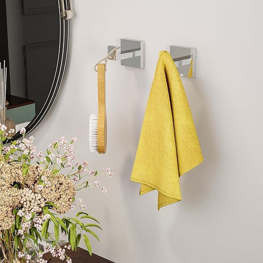 Ruacq Towel Hooks for Bathrooms, Heavy Duty Stainless Steel Square Bathroom Hooks, Wall Mounted Towel Hanger for Robe & Coat, Ideal for Kitchen, Bedroom, and Hotel Use(Chrome, 2 Pack) - ModernBath
