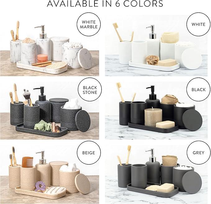 ZCCZ White Bathroom Accessories Set 6 Pieces - Toothbrush Holder, Lotion Dispenser, Qtip Container, Vanity Tray, Tumbler - Countertop Organizer for Bathrooms - Elegant and Functional Décor Set - ModernBath