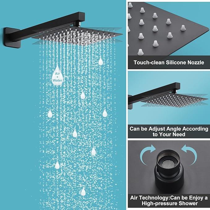RTTWYYUU Matte Black Shower Head and Handle Set 8 Inch, Rain Shower Head with 2 Hooks, Luxury Rain Shower Set Square Wall Mount for Bathroom with Rain Shower and Handheld Shower System - ModernBath