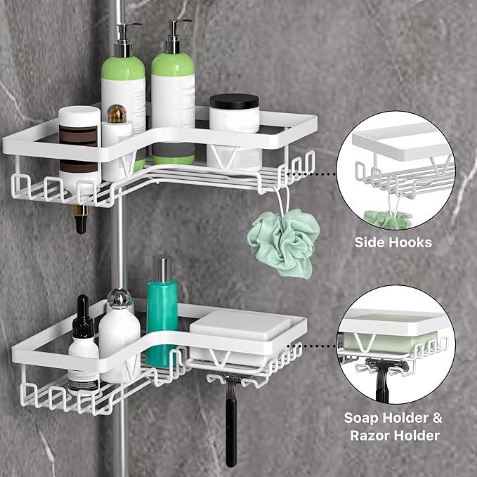KEGII Corner Shower Caddy Tension Pole - Shower Tension Rod Organizer, Floor to Ceiling Shower Caddy 25-114.2 inch, Bathroom Rack Corner Waterproof, Pure White - ModernBath