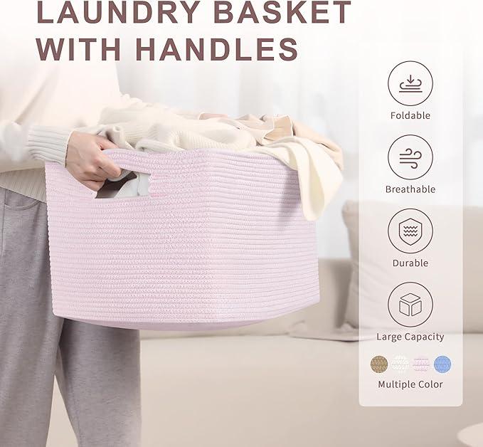 60L Small Baby Girls Laundry Basket for Nursery Storage,Cute Woven cotton Rope Baskets for Kids Toy，Gifts, Boho Square Wicker Blanket hamper for Living Room,Bedroom Dirty Clothes,Pink - ModernBath