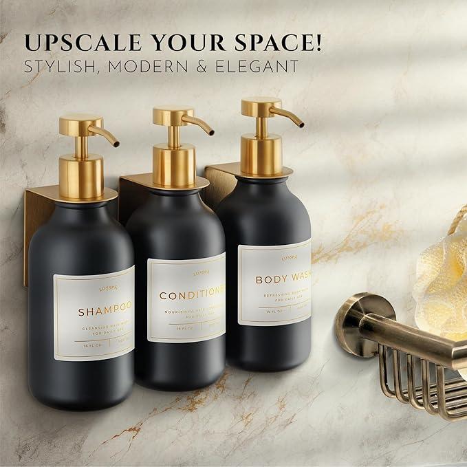 Shampoo & Conditioner Dispenser - Shower Soap Dispenser Wall Mounted - Set of 3 16.9 Oz Plastic Bottles with Pump & Holder - Shampoo Dispenser - Shower Dispenser Chamber No Drill (3 X Black/Gold) - ModernBath