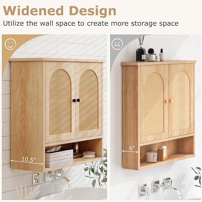 Tangkula Wall-Mounted Medicine Cabinet, with 2 Faux Rattan Doors & Adjustable Shelves, Open-Back Bathroom Cabinet Over The Toilet, Boho Hanging Storage Cupboard for Laundry Kitchen (No Back, Natural) - ModernBath