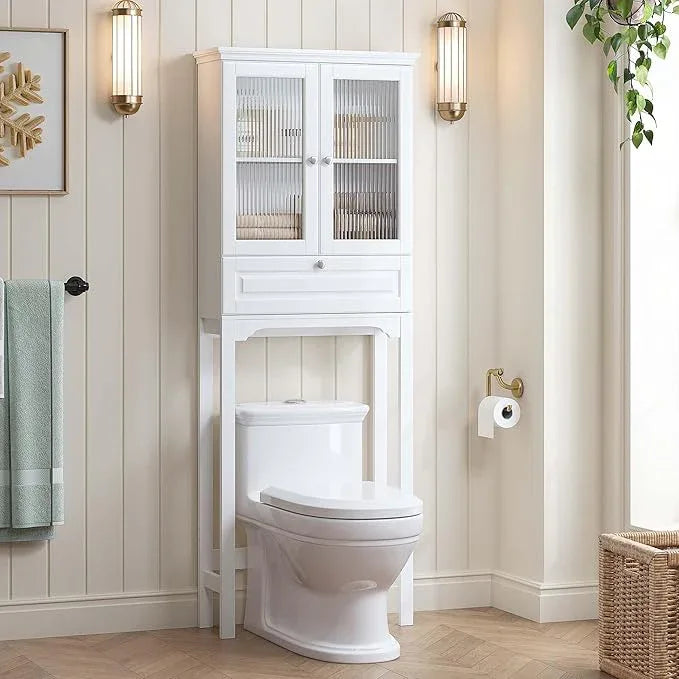 Spirich Over The Toilet Storage Cabinet with Muro Glass Doors, Over Toilet Bathroom Organizer with Tilt-Out Cube and Adjustable Shelf, White - ModernBath