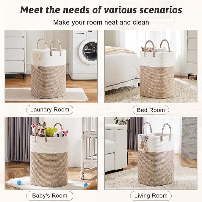 Laundry Basket,Woven Cotton Rope Laundry Hamper,Versatile Storage for Dirty Clothes,Baby Toys,and Blankets in Bathroom, Nursery,and Living Room (Brown, 60L) - ModernBath