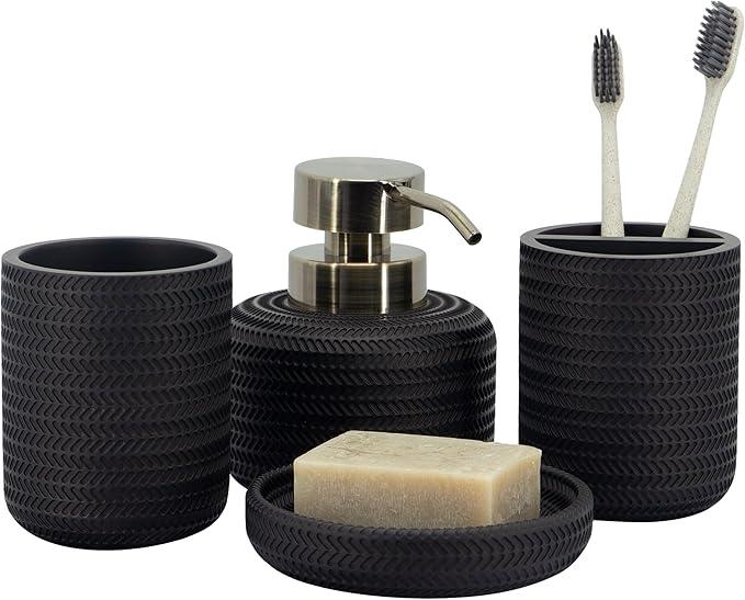 ZCCZ Black Bathroom Accessories Set 4 Pcs - Toothbrush Holder, Soap Dispenser, Vanity Tray, Tumbler - Countertop Organizer for Bathroom - Modern Accessory Set for Home Decor and Storage - ModernBath