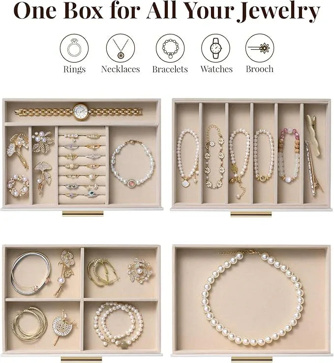 pickpiff Jewelry Box Organizer Case for Women: 4-Layer Jewelry Storage Case with Glass Window, Pure White Leather with Velvet Holder for Ring Necklace Bracelet Brooch Watch, Great Gift for Her - ModernBath