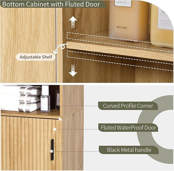 68" Tall Bathroom Storage Cabinet,Narrow Fluted Tower Cabinet with Door and Shelves,Slim Space Saving Storage Unit for Bathroom Kitchen Living Room (Natural, 11.8" D x 15.75" W x 68" H) - ModernBath