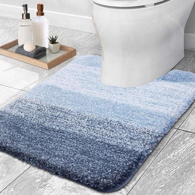 OLANLY Luxury Toilet Rugs U-Shaped 24x20, Extra Soft and Absorbent Microfiber Bathroom Rugs, Non-Slip Plush Shaggy Bath Mat, Machine Wash Dry, Contour Bathroom Mats for Toilet Base, Blue - ModernBath